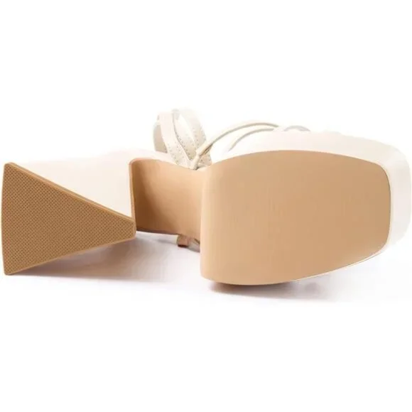 Women's Platform High Heels Sandals Square Open Toe Strappy Pumps Lace Up - Picture 6 of 7